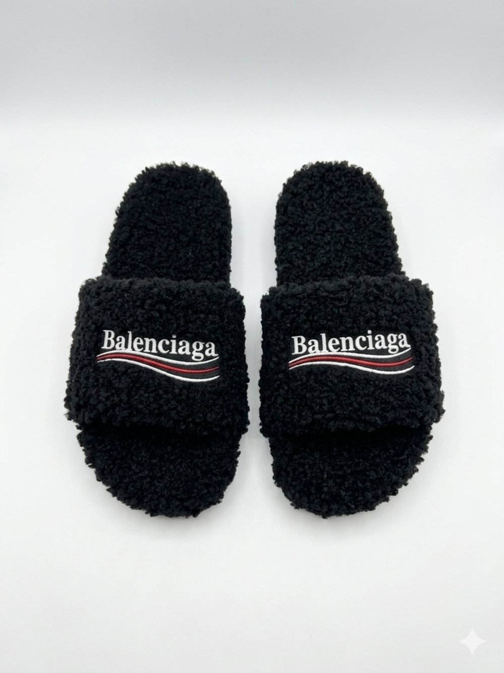 Balenciaga Black Sherpa Slides with Red & White Logo Stripe - Picture 2 of 3